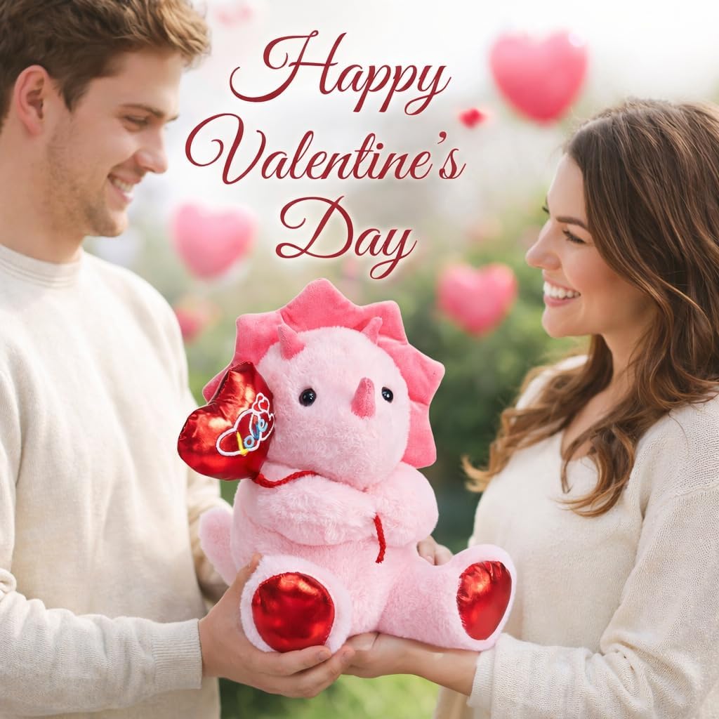 HollyHOME Dinosaur Stuffed Animal Valentines Dinosaur Plush Triceratops Toy Holding Red Love Balloon for Kids and Girlfriend Valentines Anniversary Birthday Gifts 10 inches Pink