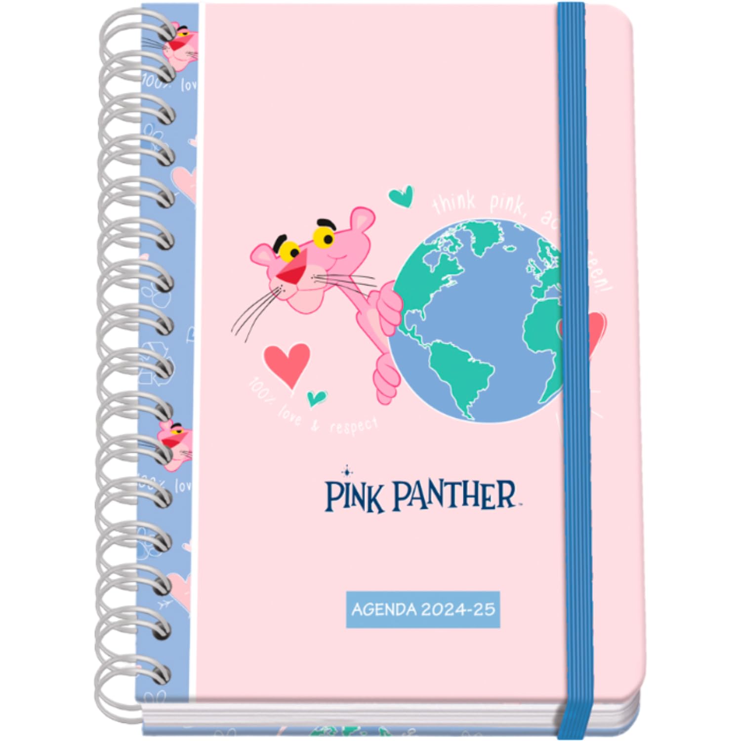DOHESchool Diary 2024 2025 – Week View, Size A5 (15 x 21 cm), Ring Closure and Rubber, Spanish and English, 4 Sticker Pages, September to June, School Supplies – Pink Panther ecoPink