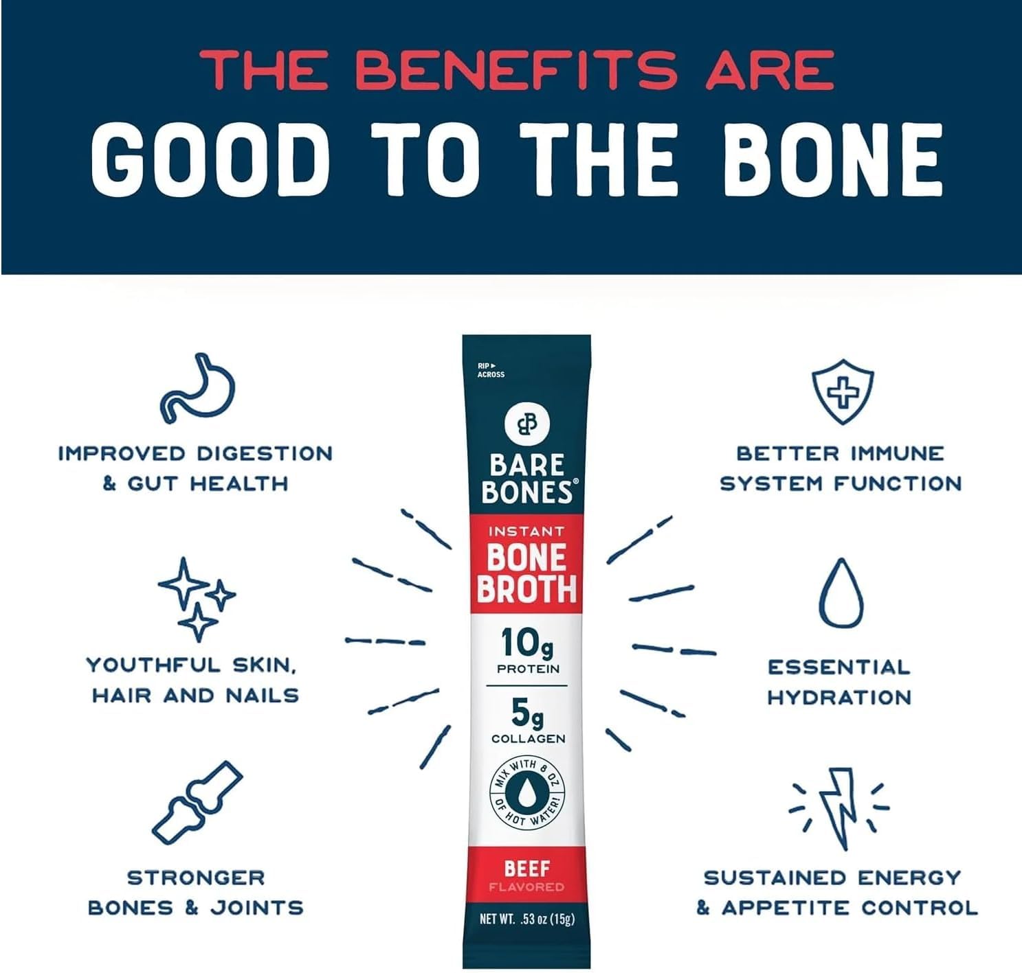 Beef Bone Broth Instant Powder Sticks, 10g Protein, Collagen Rich - Keto & Pale - Gluten-Free, Non-GMO - On The Go Individual Packets, 0.53 Oz (Pack of 12)
