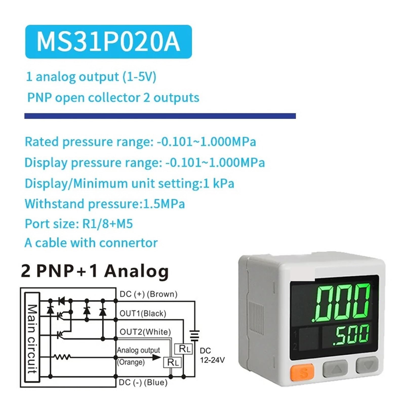 Ciśnieniomierz, MS31 Cyfrowy wyświetlacz Przełącznik ciśnieniowy NPN PNP Napięcie 1-5V Prąd 4-20mA Elektroniczny manometr Ciśnienie podciśnienia Wyjście analogowe(MS31P010A)