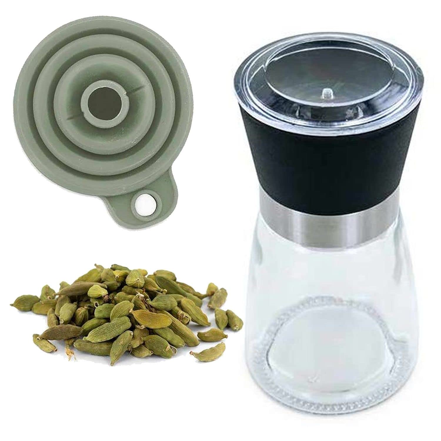 Spice mill, funnel and organic green cardamom