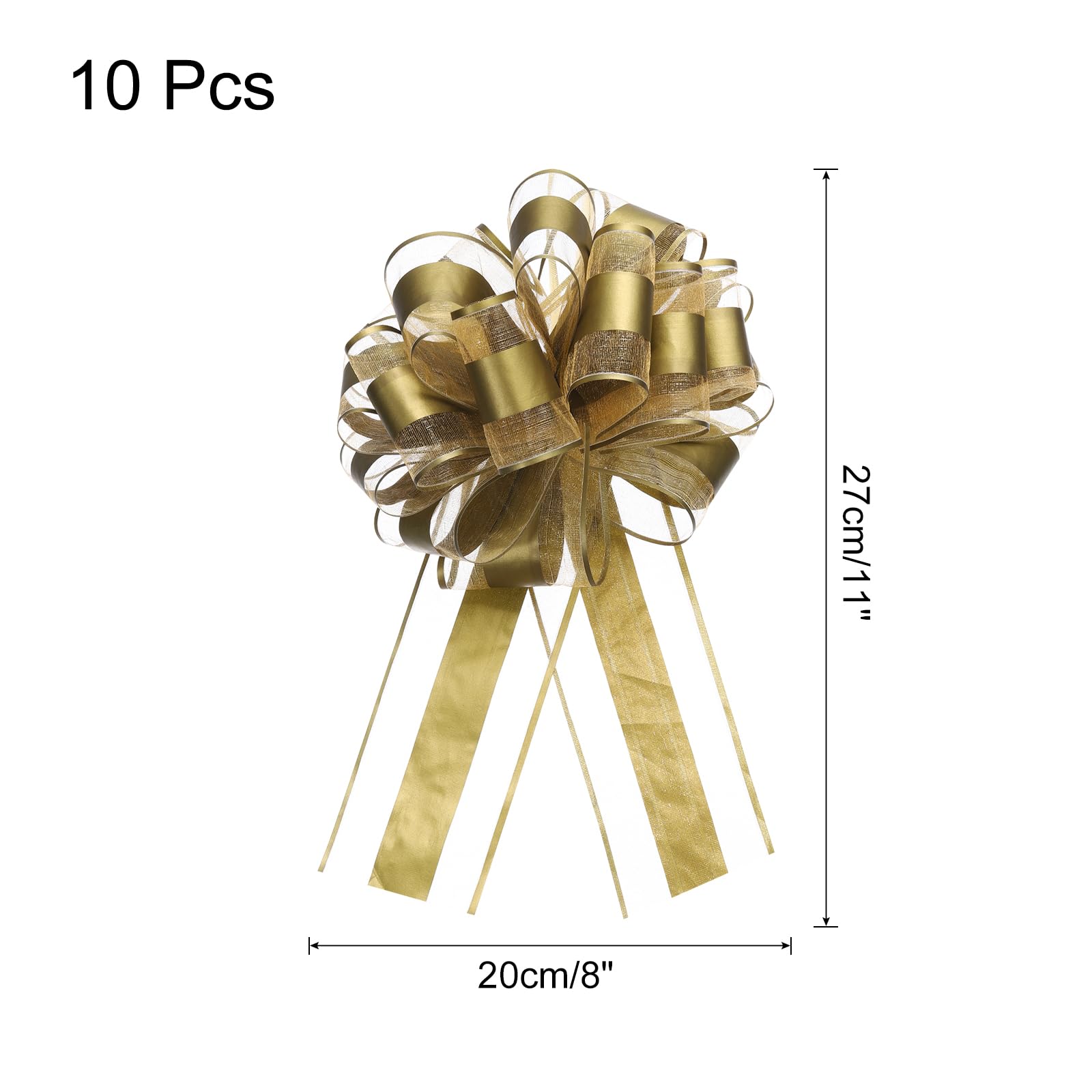 Uxcell 10pcs 8 Inch Large Big Pull Bow Organza Gift Wrapping Bows Ribbon for Wedding Car Baskets Presents Christmas Bow, Golden - Image 2