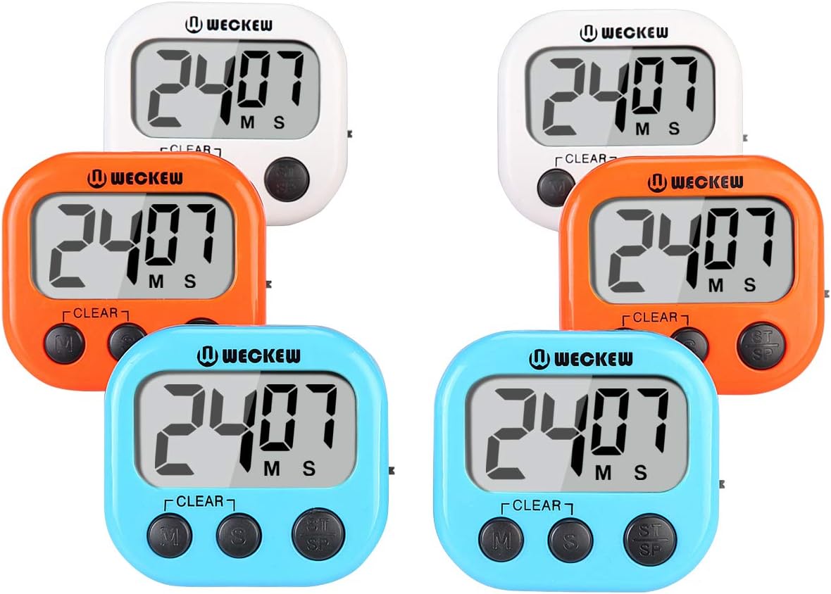 WECKEW Digital Kitchen Timer, Cooking Timer, Large Display, Strong Magnet Back, Loud Alarm, Count up Countdown Timer for Kids Baking Exercise Game (6 Pack, 2White+2Orange+2Blue)