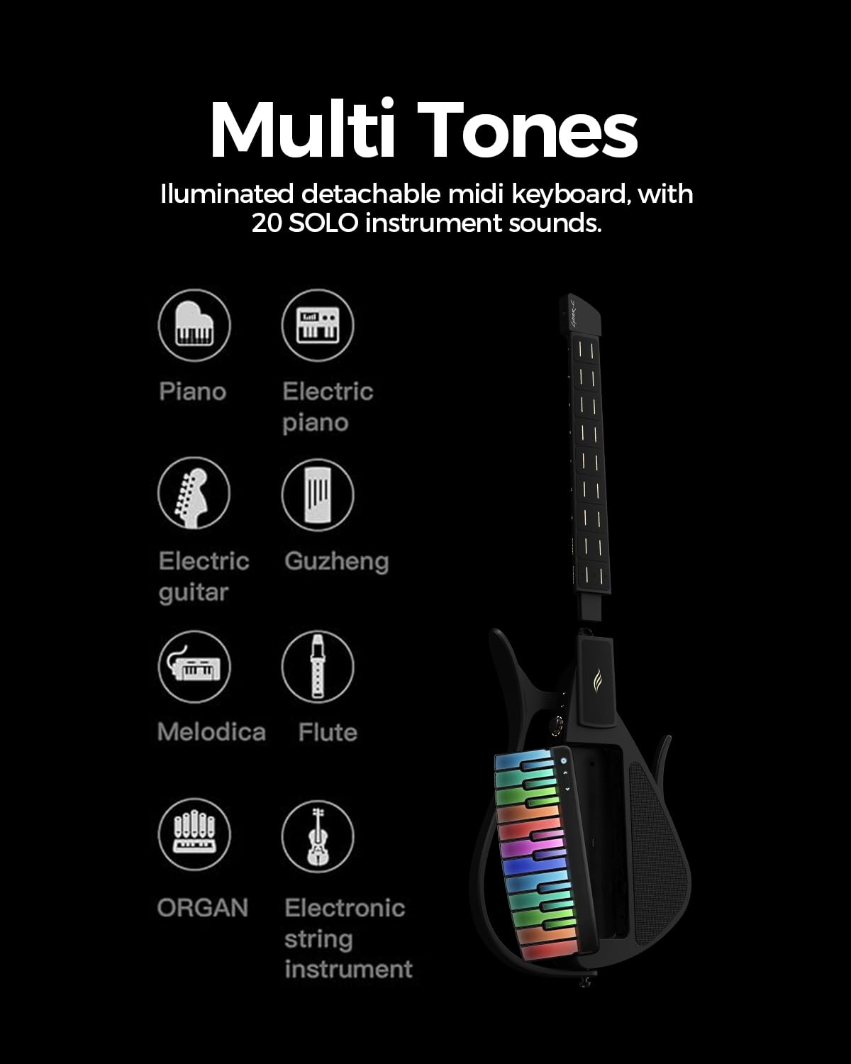 Enya CYBER-G Chitarra Smart senza Corde – Innovativa Silent & E-Guitar con Tasti LED, Drum & Bass, Centinaia di Preset, App per Accordi Interattivi per Imparare, Esercitarsi & Performance – Nero
