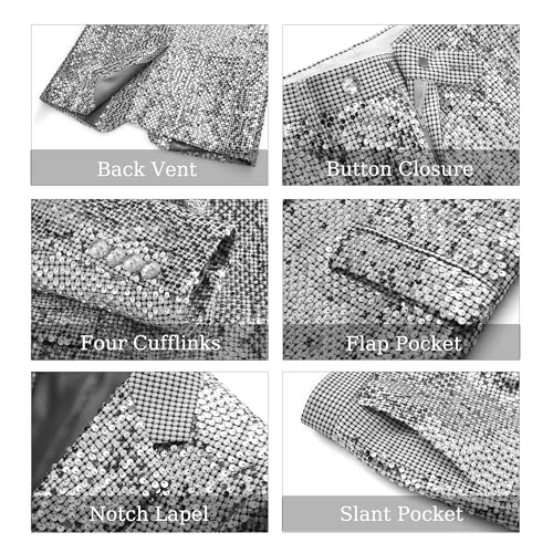 MOGU Men's Sequins Suit 2 Piece Shiny Dress Suit Sparkly Gold Silver Stylish Tuxedo Set for Party Wedding Dinner 5