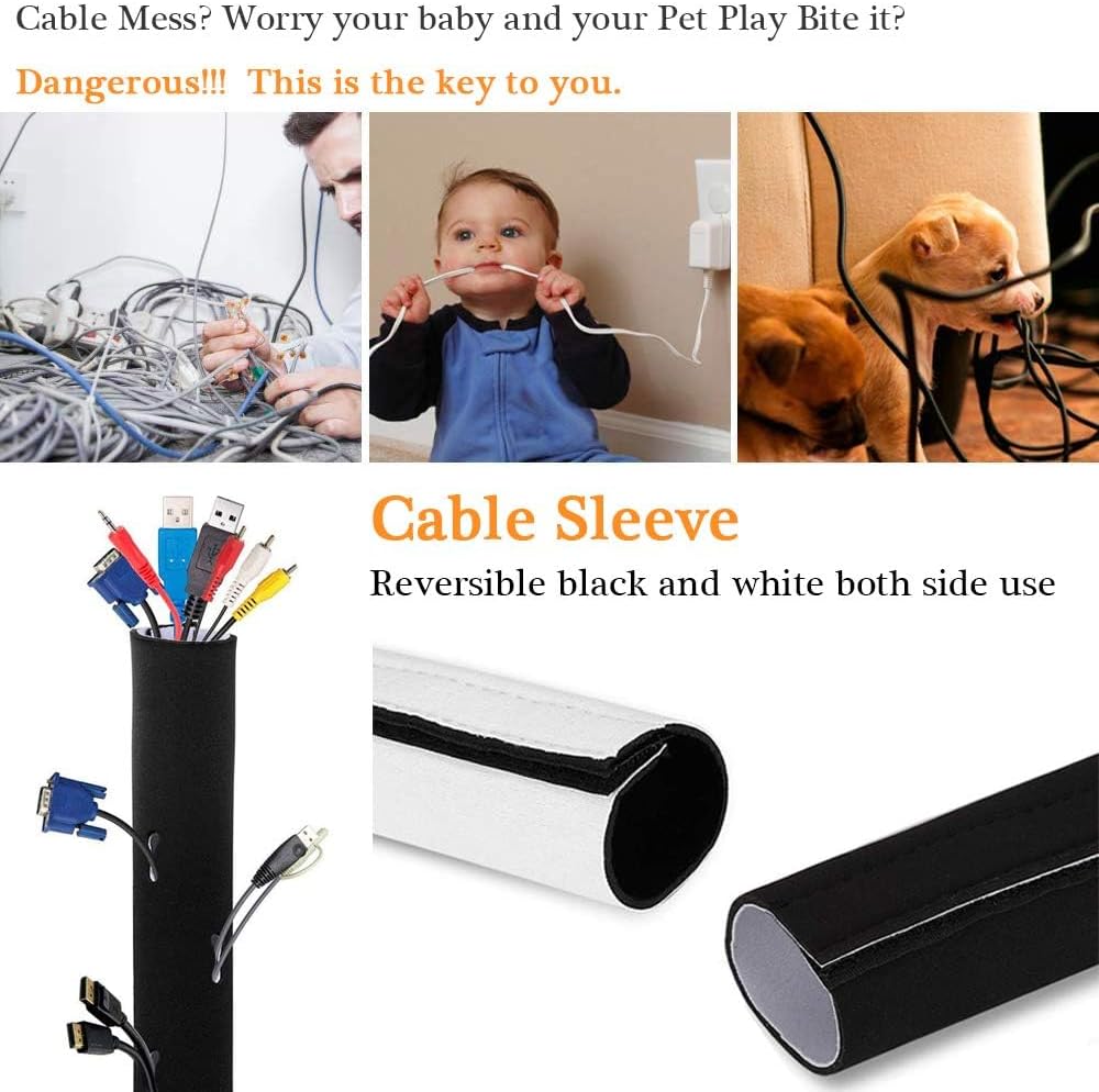 120" Neoprene Cable Management Organizer, Reversible Flexible Cuttable DIY Hole Cord Hider Cover Sleeve for Office TV Computer Home Desk Protect Wires