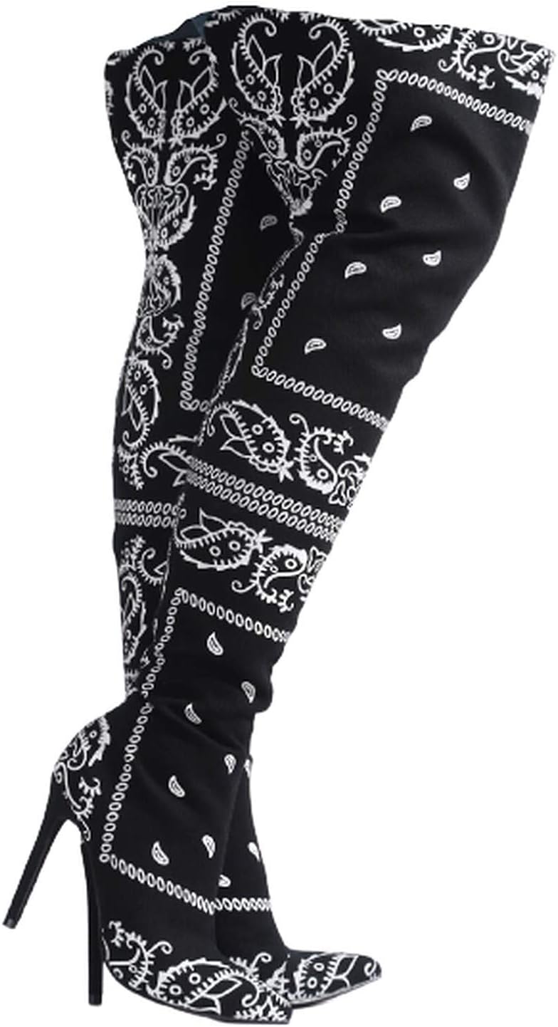 Cape Robbin SPRING BANDANNA PRINT OVER THE KNEE THIGH HIGH STILETTO POINTED TOE (6.5, BLACK)