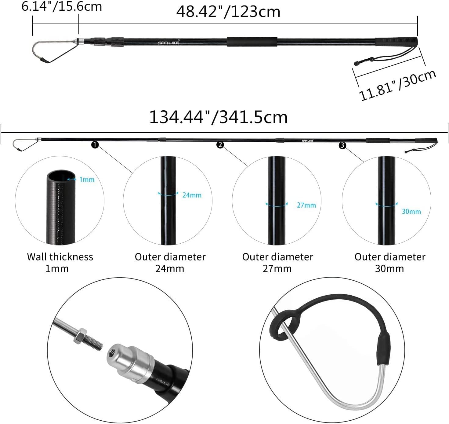 SANLIKE Telescopic Fishing Gaff Aluminum/Fiberglass Pole with Nonslip Rubber Handle Stainless Steel Hook with M8 Screw