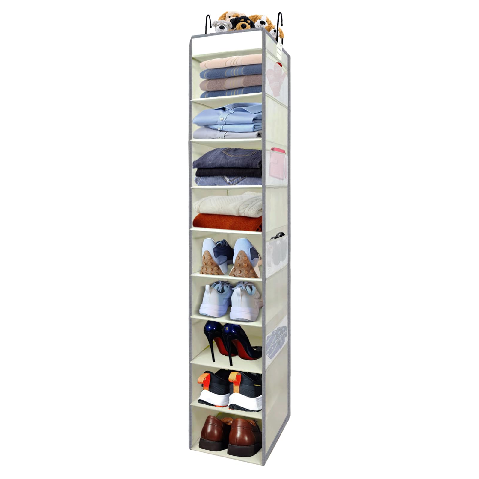roomtalk Large-Sized Hanging Shoe Organizer 10-Shelf, Sturdy Hanging Closet Organizer with 8 Side Pockets, Wider Hanging Shelves for Storage Shoes