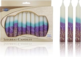 Majestic Giftware Safed Dripless Handcrafted Traditional Shabbat Candles - 12-Pack (SC-SHWT-TB) | 5.5 Inch | Fits Standard Holders (White Turquoise Brown)