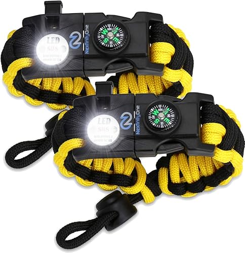 Miniatura 10 de Brazalete de supervivencia – Kit de equipo de emergencia táctico con luz LED SOS, cuchillo, 550 grados, ajustable, multiherramientas, iniciador