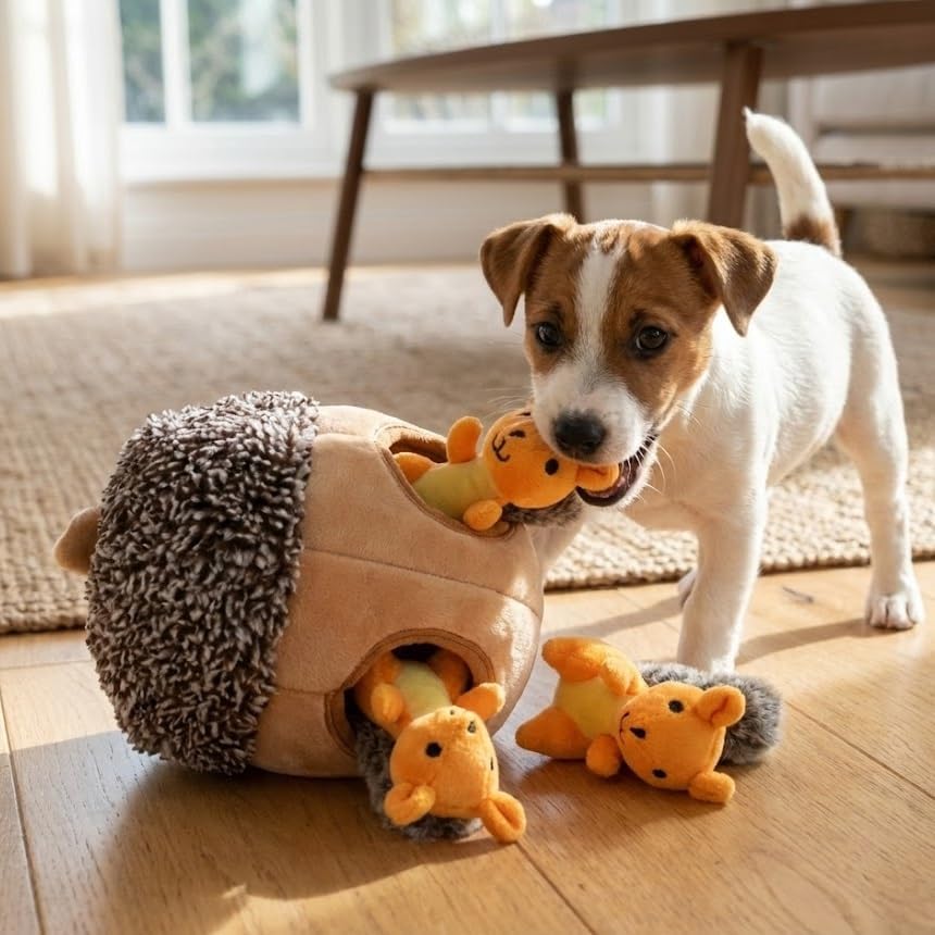 MODERN WAVE - Interactive Squeaky Plush Hide and Seek Squirrel Type Puzzle Toy for Dogs, Medium Size (Nut and Squirrels) - Image 9
