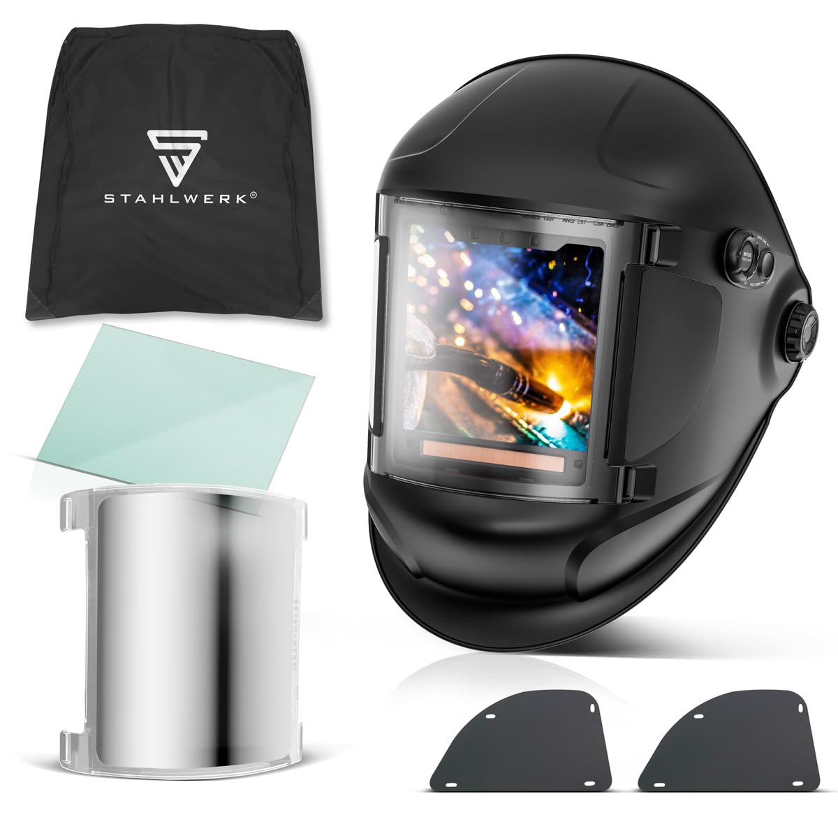 STAHLWERK Casco de Soldadura automático 3 en 1 Titan – True Colour, oscurecimiento automático DIN 4-14, Memoria de Trabajos, Clase óptica 1/1/1/1, Campo de visión 104 x 104 mm, Pantalla de Soldadura