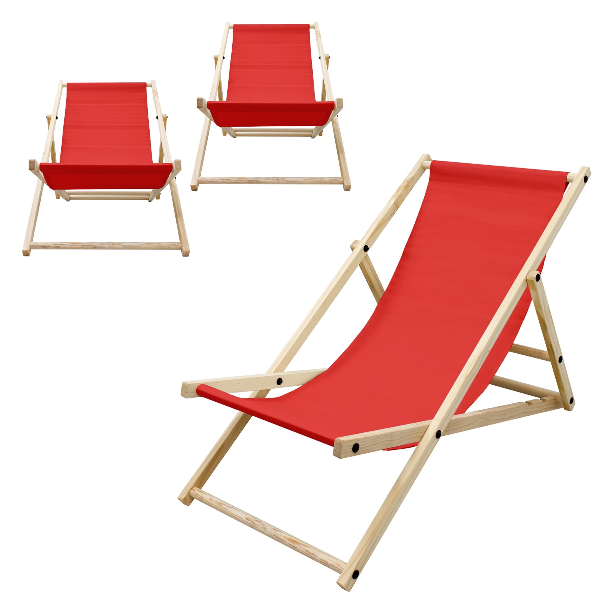 ECD Germany Juego de 3 Tumbonas Playa Madera de Pino Roja 3 Posiciones de Reclinación Plegable Silla Tradicional de Sol para Jardín o Balcón Impermeable hasta 120kg Tejido Oxford Hamaca de Terraza