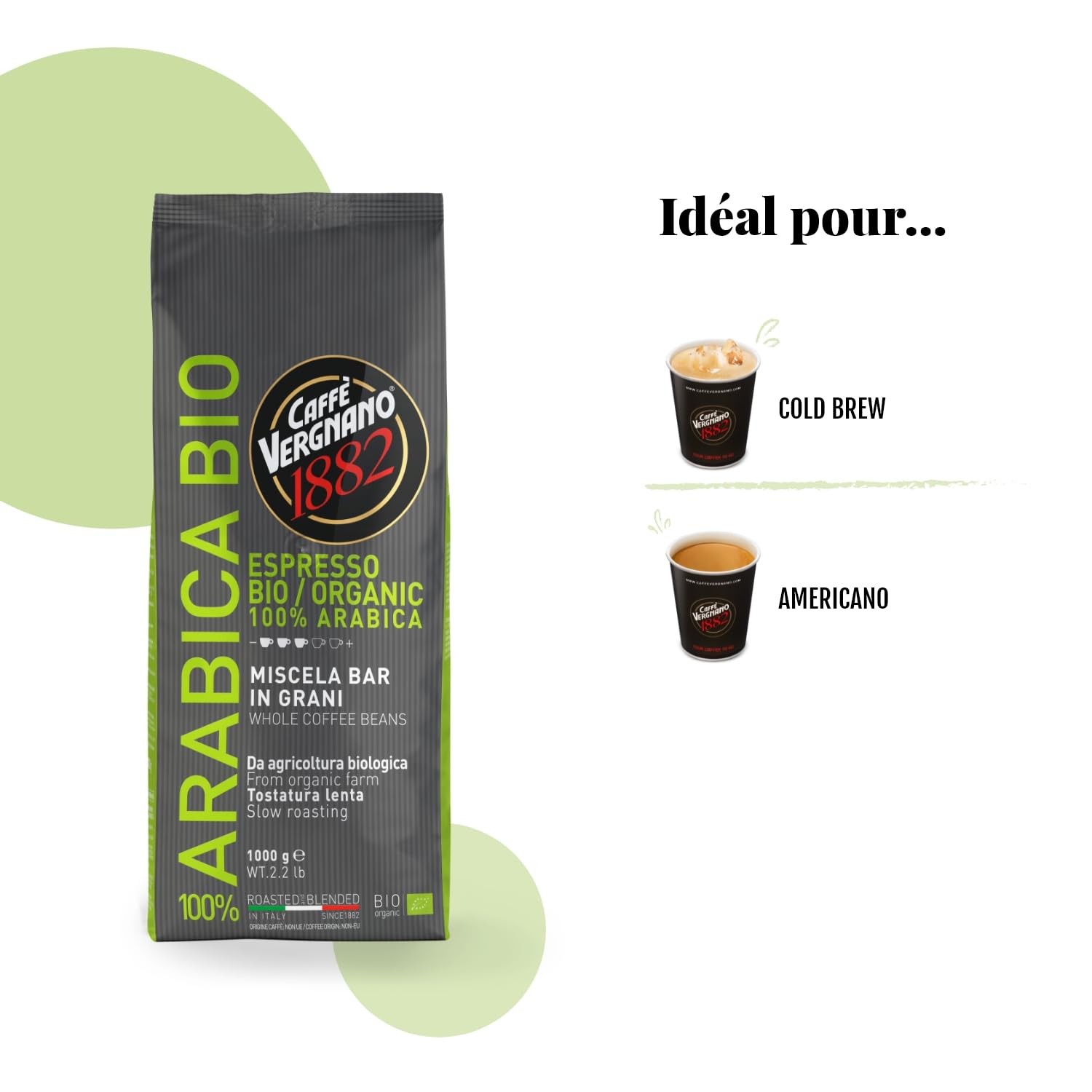 Caffè Vergnano 1882 - Café en grains 100% Arabica Bio - 1 Paquet de 1 Kg