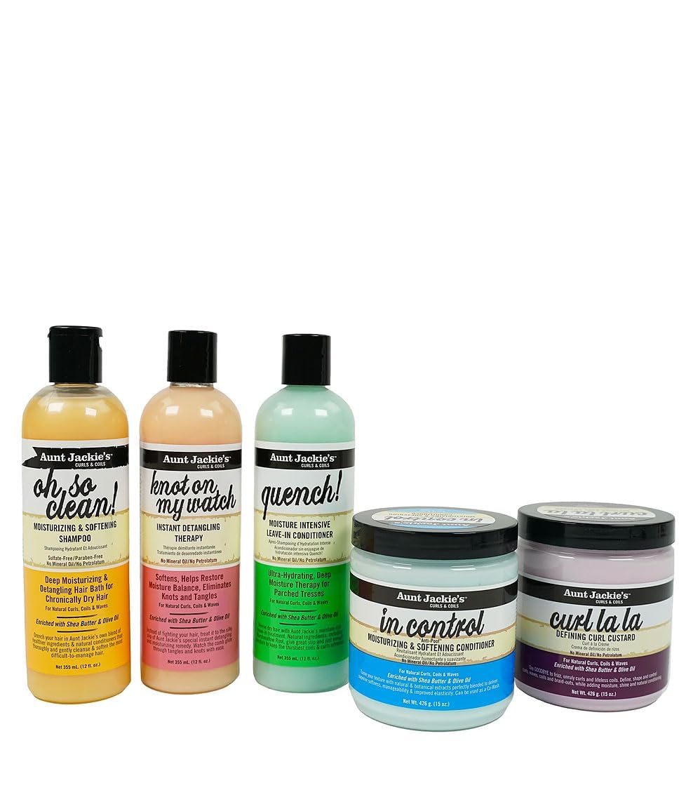 Aunt Jackie's Curls & Coils Bundle, All 5 Products in Collection, Hydrate & Define Hair, Combat Frizz & Dryness, For all Hair Types and Textures Clear 12 Ounce