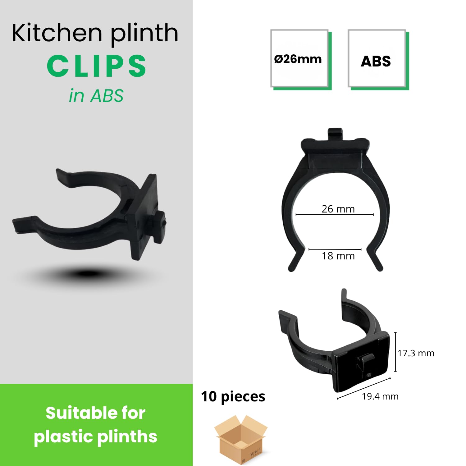 Evotrade 10 Ganci in ABS per Zoccolo da Cucina in Legno e Plastica, Clip Universali per Gambe e Zoccoli da Cucina, Montaggio Rapido a Molla (Confezione 10 Pezzi)