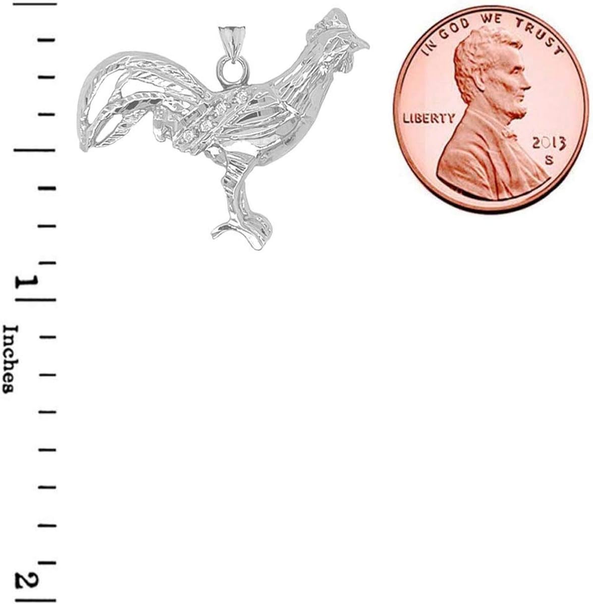 Fine Sterling Silver Diamond Rooster Animal Charm Pendant Necklace