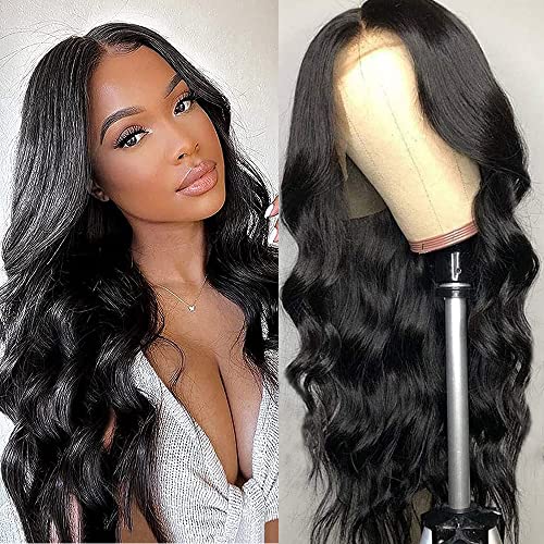 13x4 HD Lace Body Wave Frontal Wigs Human Hair for Black Women Brazilian Body Wave Glueless Human Hair Transparent Lace Front Wigs Pre Plucked Hairline with Baby Hair 150% Density Natural Color