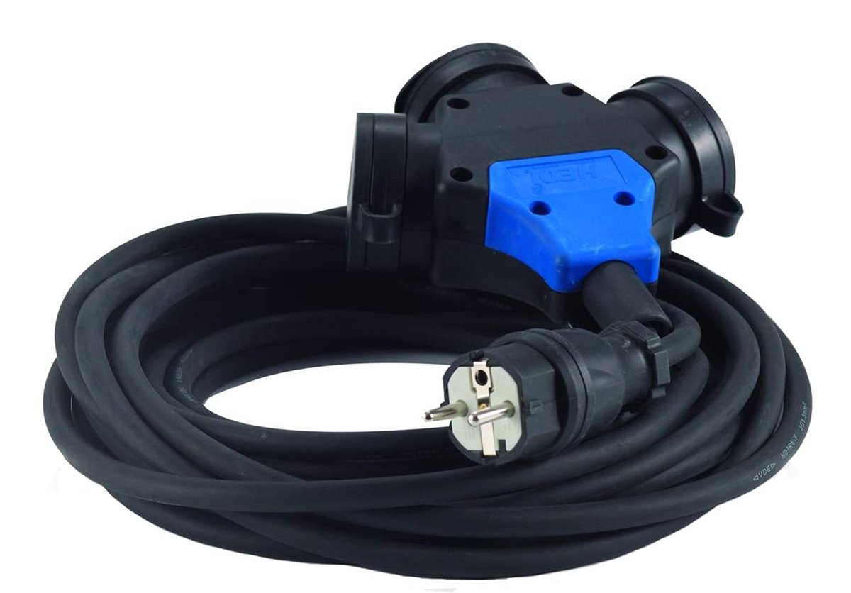 Hedi. Alargador 25 m. cable de goma de neopreno 3G2,5, color negro, IP44. Con cabezal suspendido con 3 tomas.