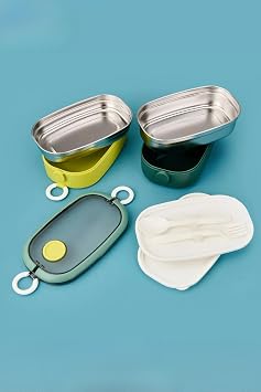 Vagonlife Bento 1300ml Lunchbox 2 Tiers 3 Division Stainless Steel Lunch Box Dining Box (Blue-Peanut Green)