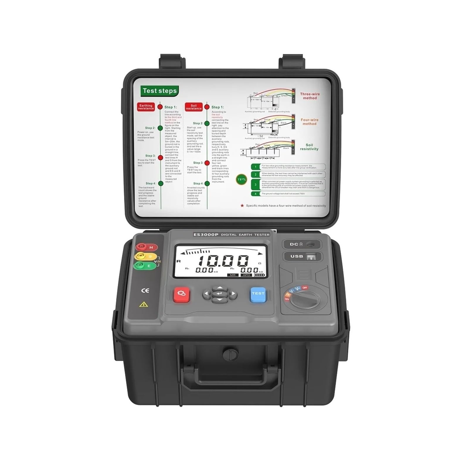 Tester rezystancji, ES3000P ES3001P ES3002E Wielofunkcyjny tester rezystancji uziemienia Rezystancja 0-200,0 kΩ Rezystywność gleby Napięcie AC DC 1000 V(ES3001P 2000kohm)