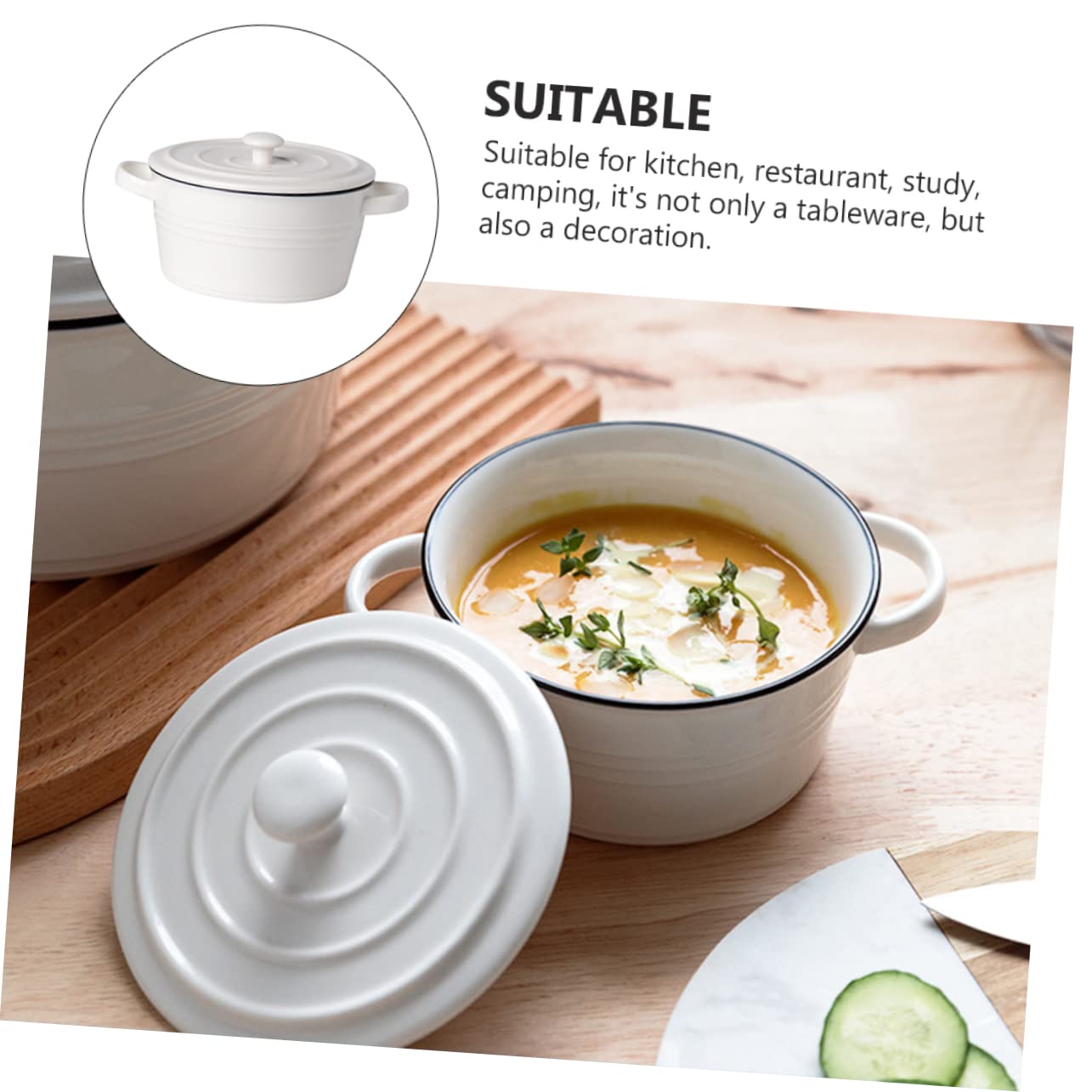 KICHOUSE 1pezzi Ciotola Per Zuppa Con Due Manici e Coperchio Resistente Al Calore e Robusta Per Cucinare Servire Yogurt Preparare Budini e Torte Facile Da Pulire e Trasportare