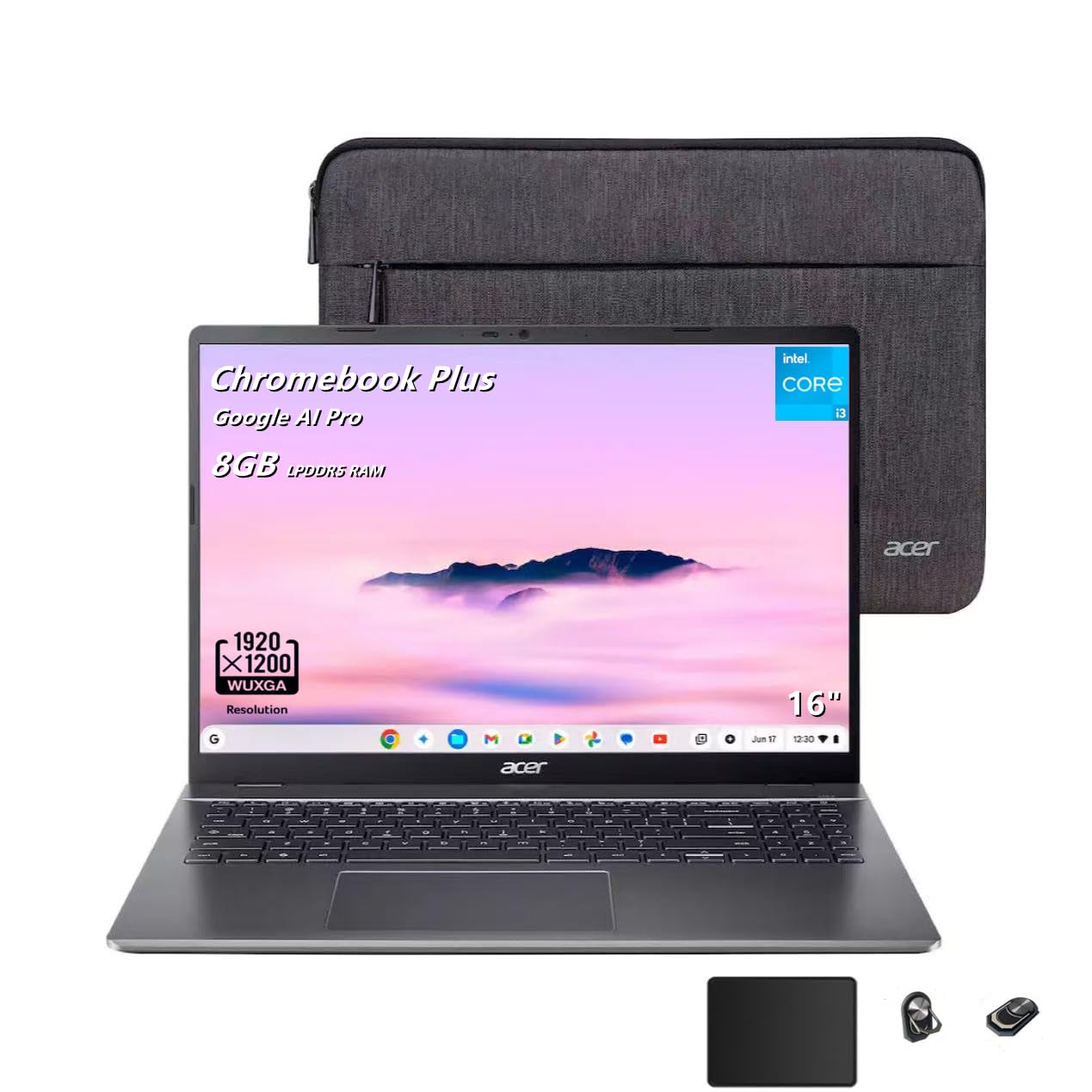 Acer Chromebook Plus 516, 16" IPS (1920 x 1200) WUXGA Display Laptop, Intel i3-1315U, 8GB LPDDR5 RAM, 128GB UFS, webcam, Chrome OS, Wi-Fi 6E, grigio, custodia protettiva inclusa, due accessori