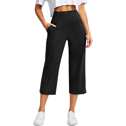 G Gradual Women's Wide Leg Capri Pants with Pockets Tummy Control High Waist Yoga Dress Crop Pants for Women