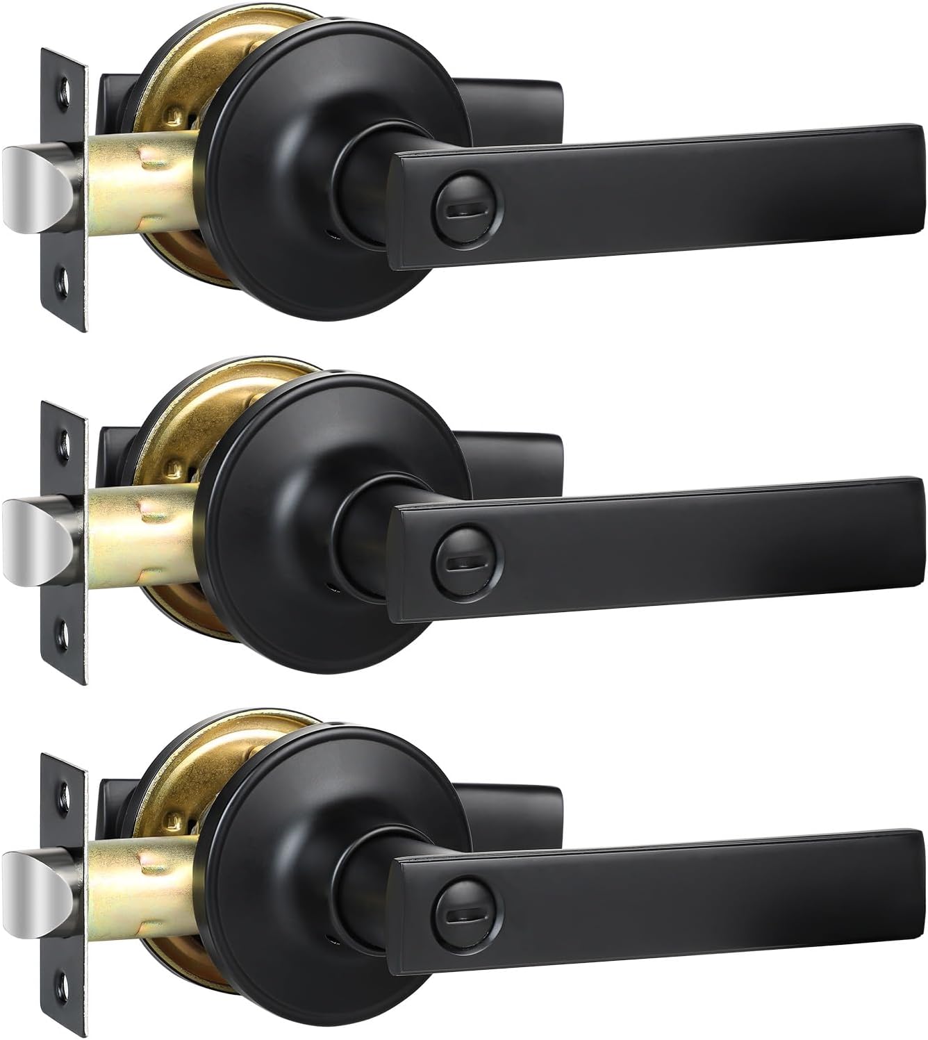 Privacy Door Handles, 3 Pack Matte Black Door Lever, Bed and Bath Door Locksets Heavy Duty Keyless Interior Handles, Reversible for Left Right Handed Doors