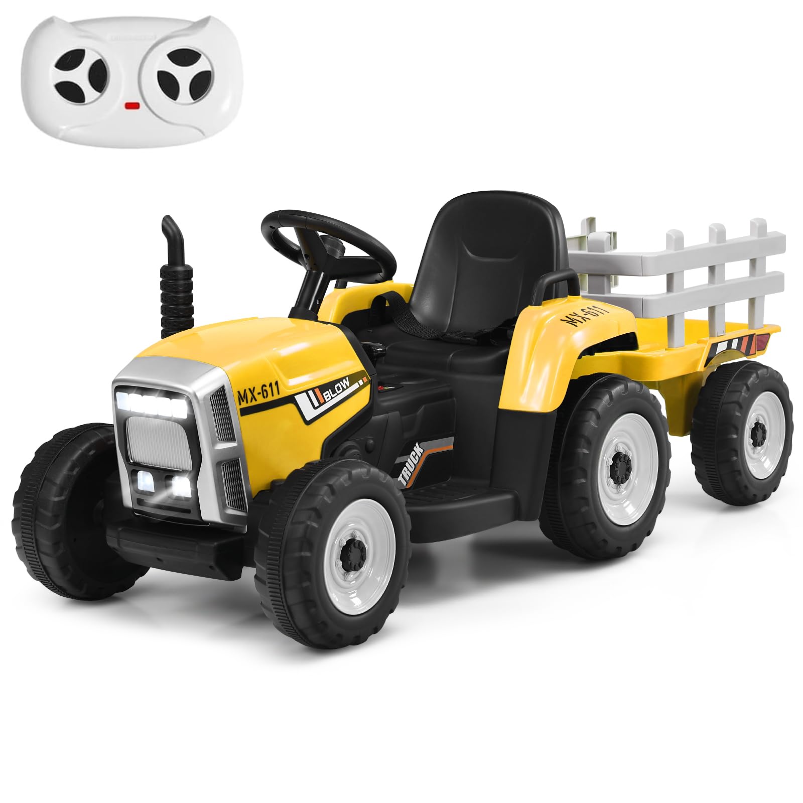 COSTWAY Ride on Tractor and Trailer, 12V Battery Powered Electric Kids Toy Car with Remote Control, LED Lights, USB & Bluetooth Music, Four Wheels Ride on Toys for Children Ages 3+ (Yellow)