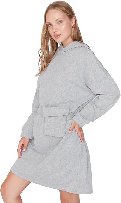 Trendyol Woman Loungewear Mini Jersey Dress Hood Knit Dress, Vestido Mujer, Gray, S