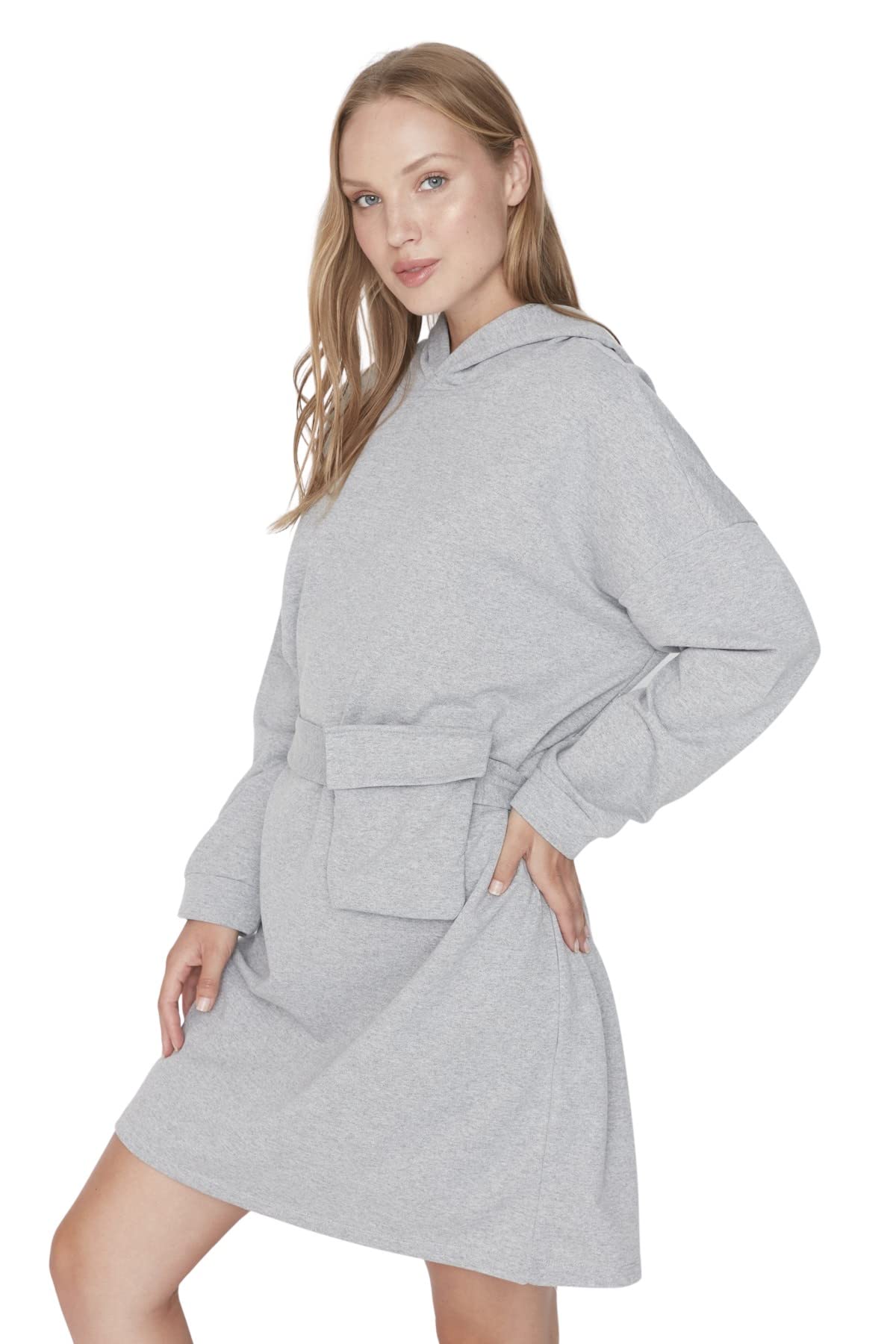 Trendyol Damen Grau Loungewear Regular Jerseykleid Kapuze Gestrickt Kleid, Xl