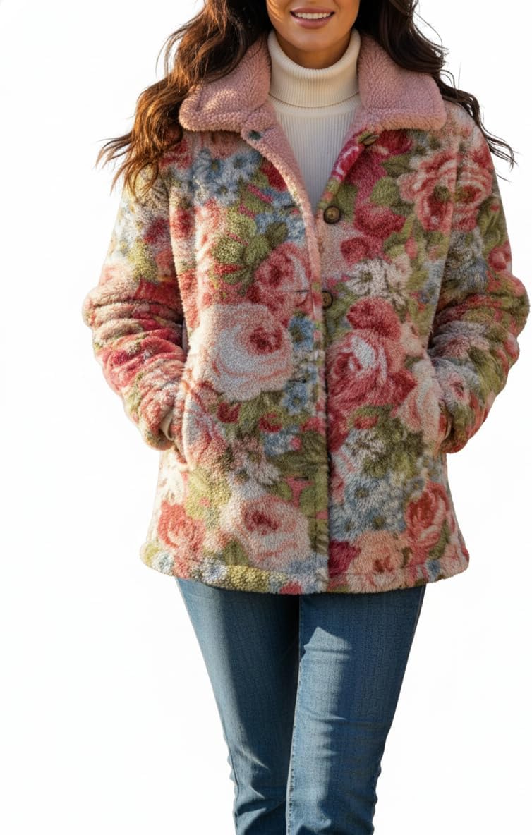 Akivide Women's Winter Casual Cute Floral Fleece Jacket Oversized Soft Warm Fuzzy Button Sherpa Coat