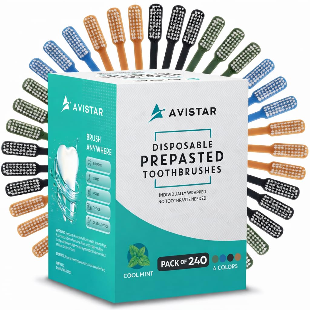 Avistar Lot de 240 brosses à dents jetables pré-collées emballées individuellement – Brosse à dents jetable pré-collée à usage unique avec dentifrice intégré – Brosse à dents sans eau pour voyage