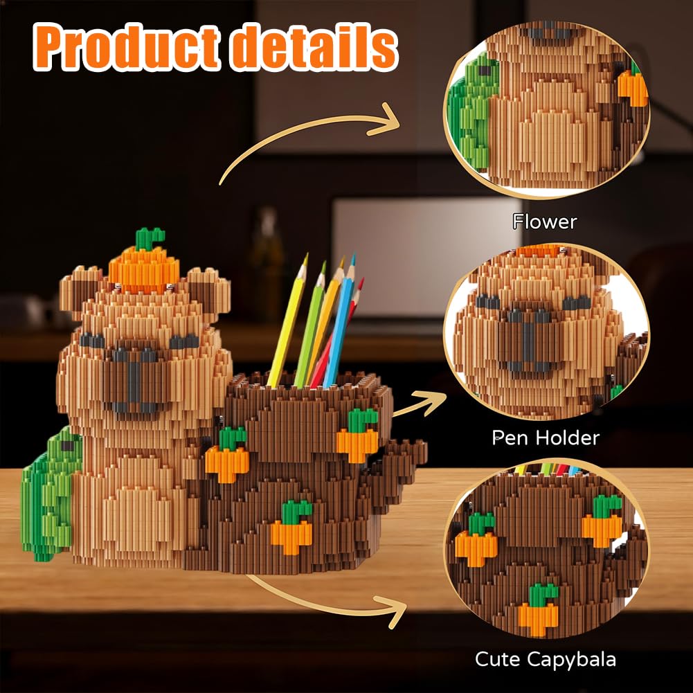 Capybara Building Blocks Pen Holder, Desk Organiser With Cute Persimmon Capybara Shape - Image 3