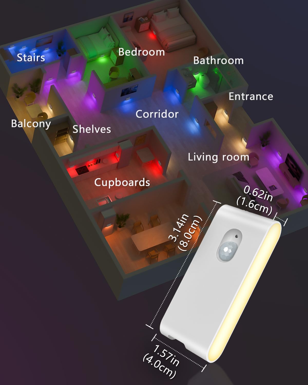 WILLED Luci per scale per interni RGB e bianco caldo, luce notturna ricaricabile con sensore di movimento, luci wireless per interni per scale, bagno, corridoio, cucina, armadio, armadio, camera da