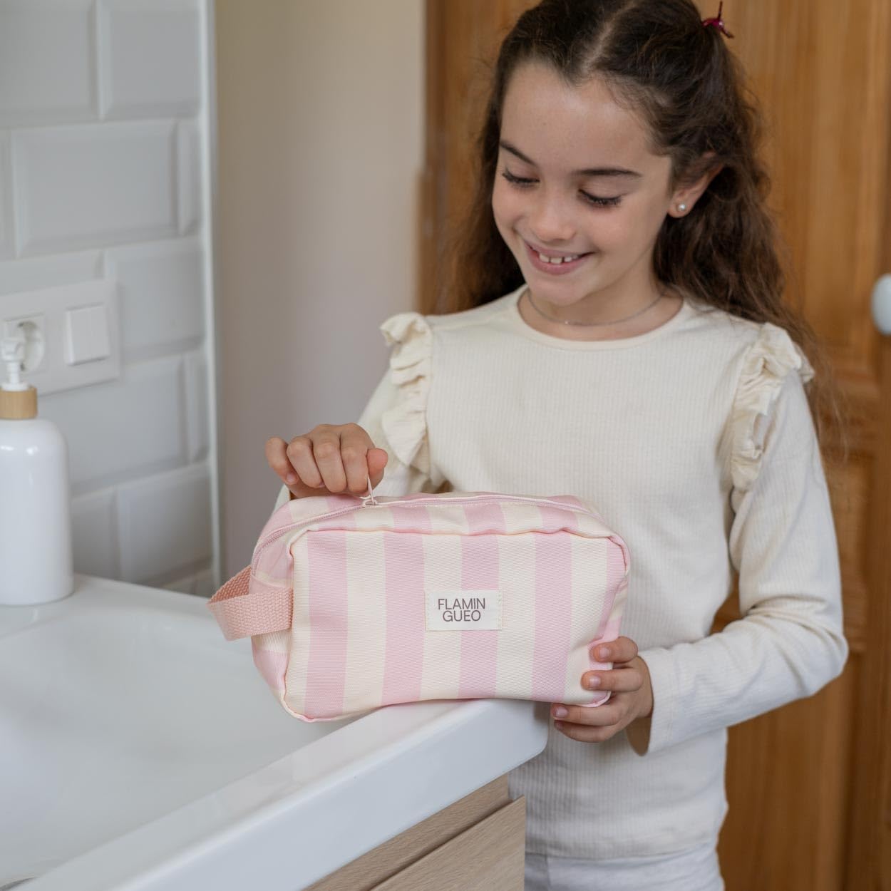 Flamingueo Neceser Infantil - Diseño Rayas - Poliéster - Rosa