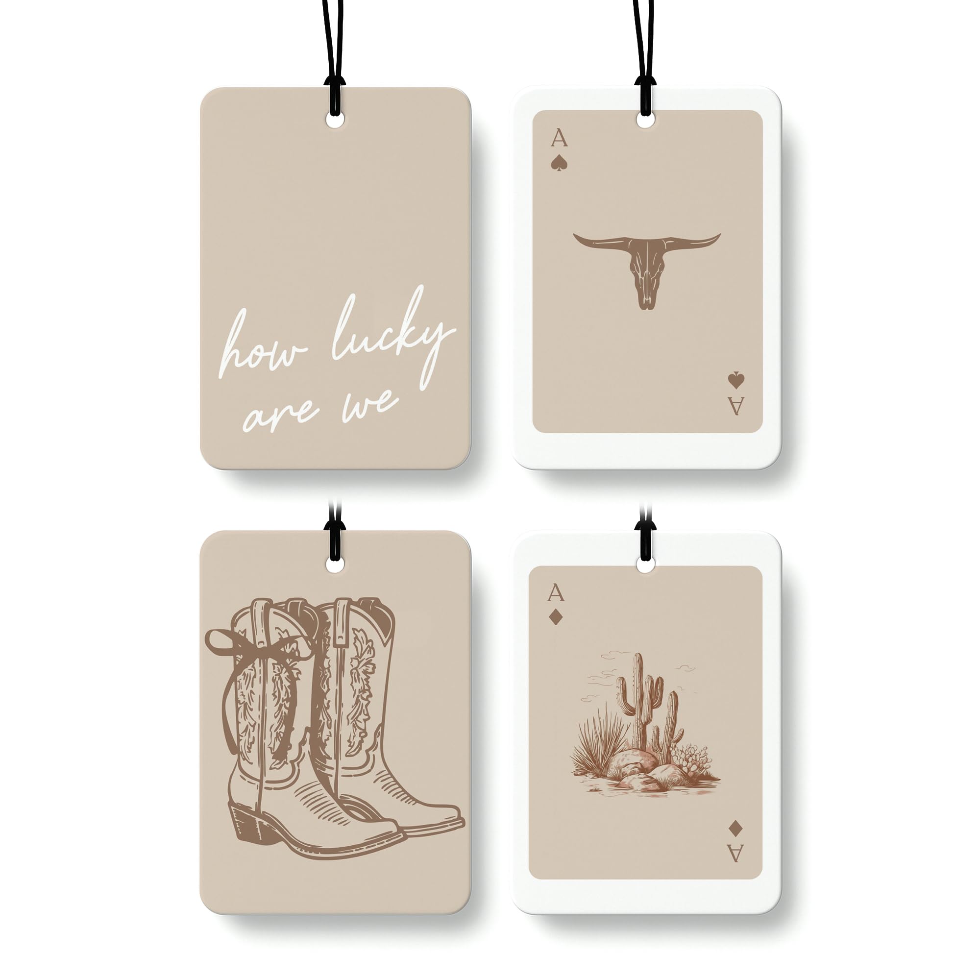 Boho Beige Western Car Air Freshener 4 Pcs Preppy Cowgirl Cow Skull Cactus Ace Card Hanging Air Freshener