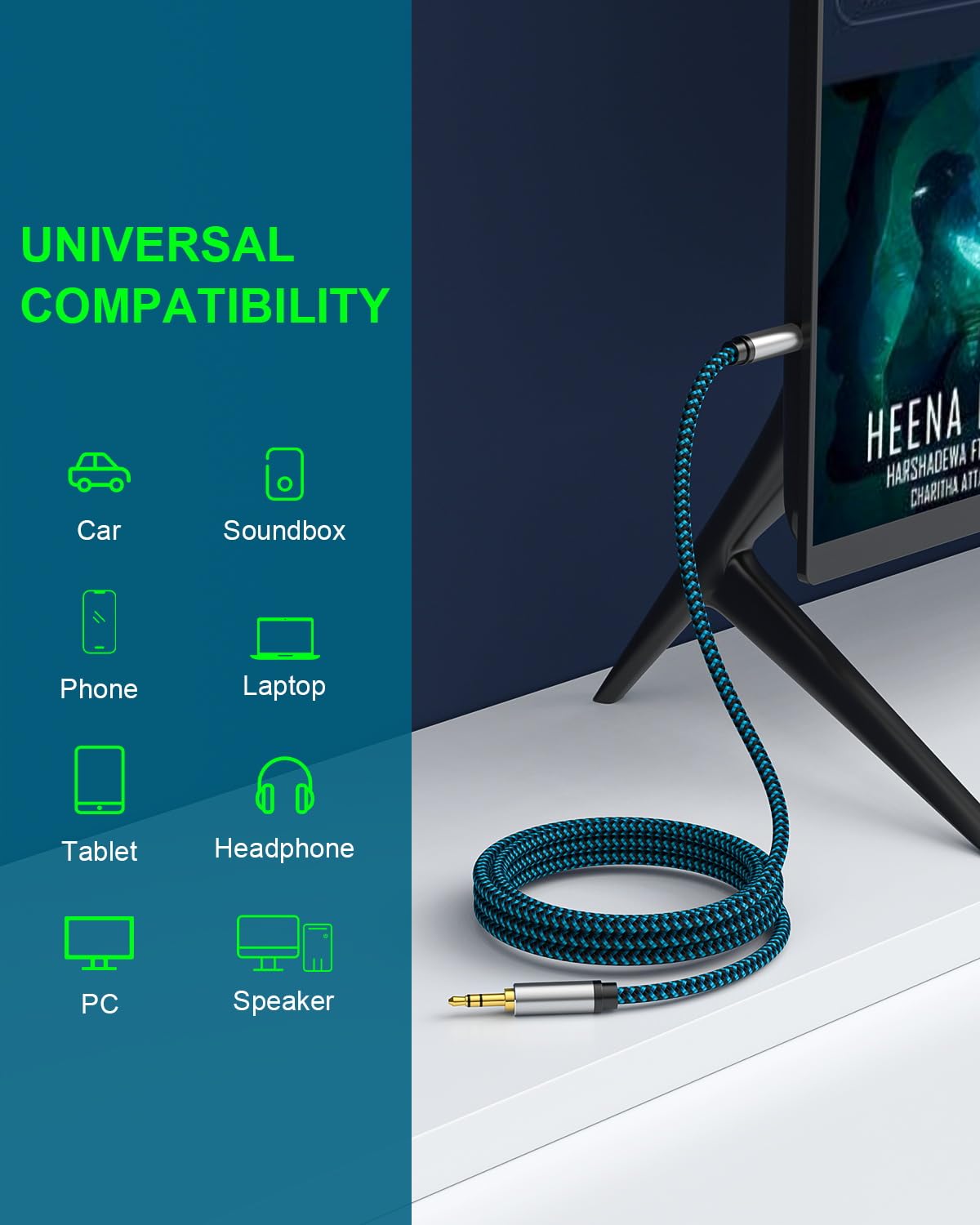 Cable auxiliar de 20 pies, cable de audio trenzado de nailon de 3,5 mm, cable auxiliar macho a macho de 3,5 mm para coche, para auriculares, tabletas, altavoces