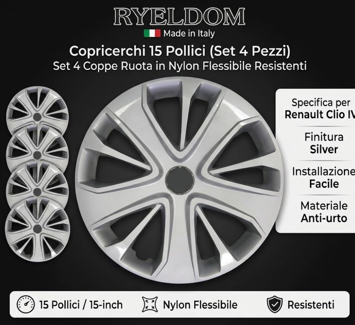RYELDOM Copricerchi 15 Pollici per Renault Clio IV, Set 4 Coppe Ruota in Nylon Flessibile Resistenti, Copricerchi Auto 15", Made in Italy