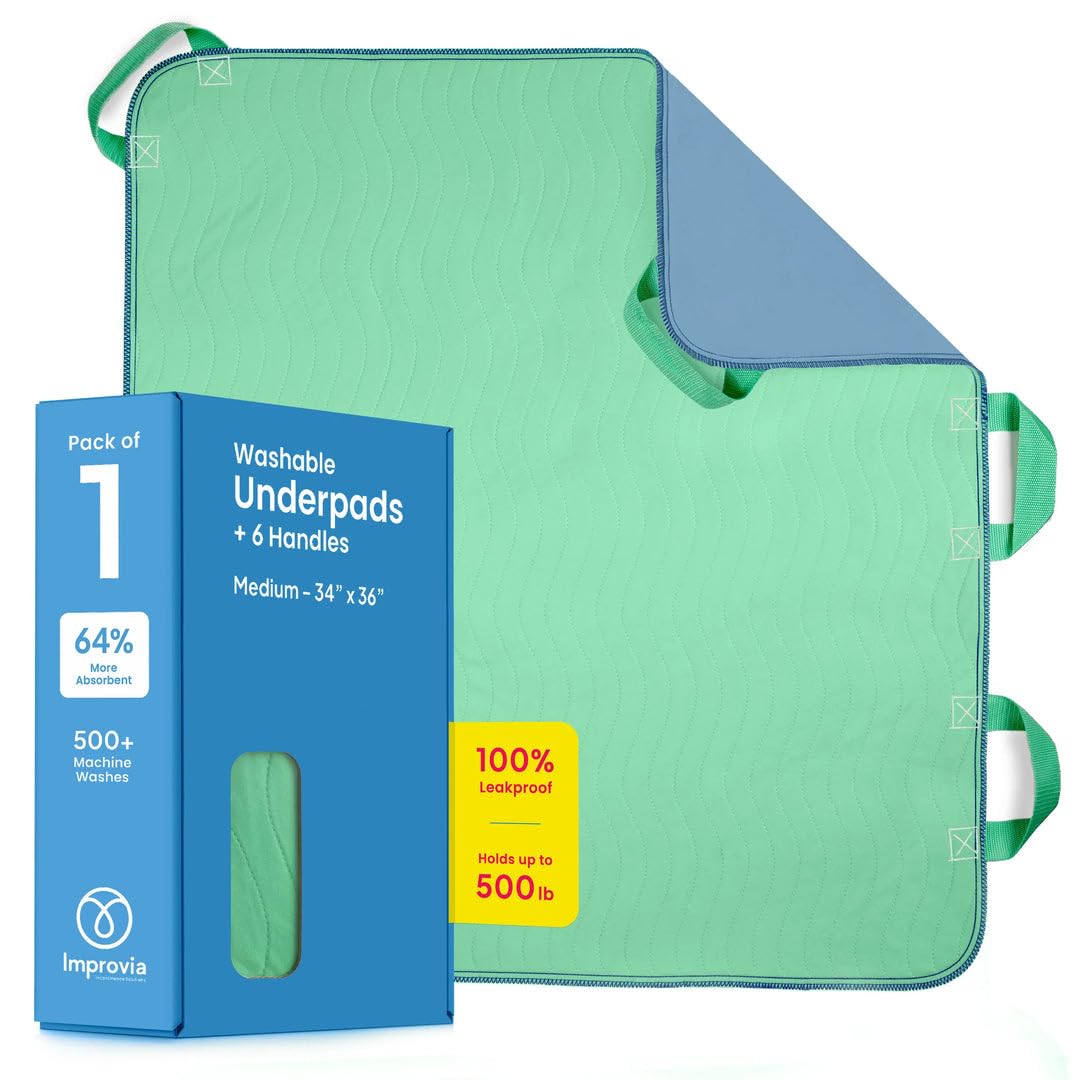Improvia Positioning Bed Pad with Handles - Quick-Drying, 6-Handle Incontinence Bed Pads - Washable, Waterproof, Reusable Pads for Elderly, Bedridden, Transferring, & Mattress Protection, 34x36 in.