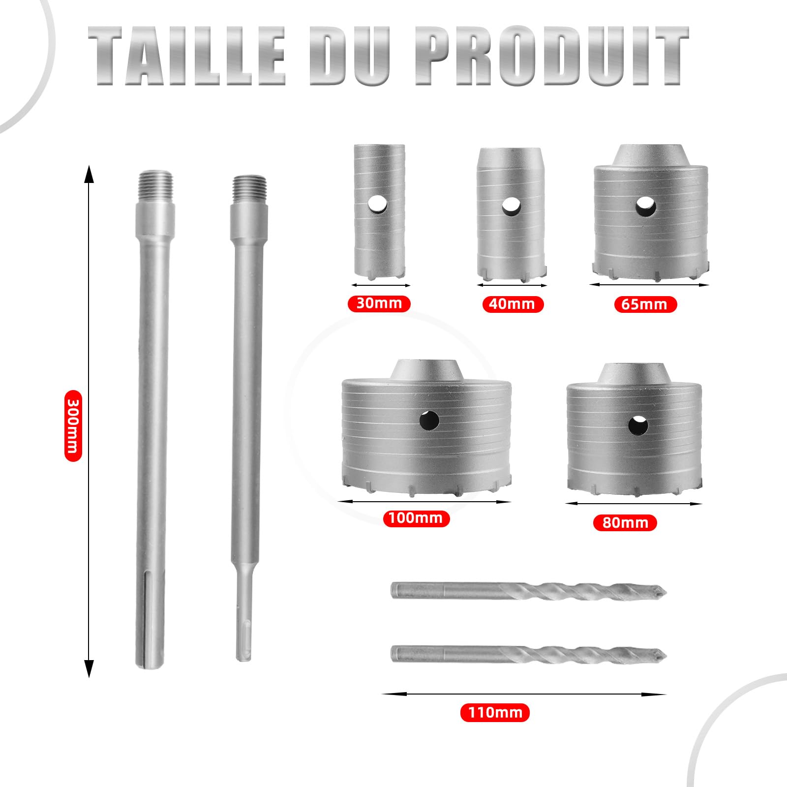 ZKH Sega a Tazza Carotatrice a Tazza Per Muro 9 Pezzi, Ø30, Ø40, Ø65, Ø80, Ø100 Mm, Con Albero SDS Plus Da 300 Mm E SDS-Max Da 300 Mm,fresa a Tazza Per Calcestruzzo, Mattoni, Pietra, Pareti E Cemento