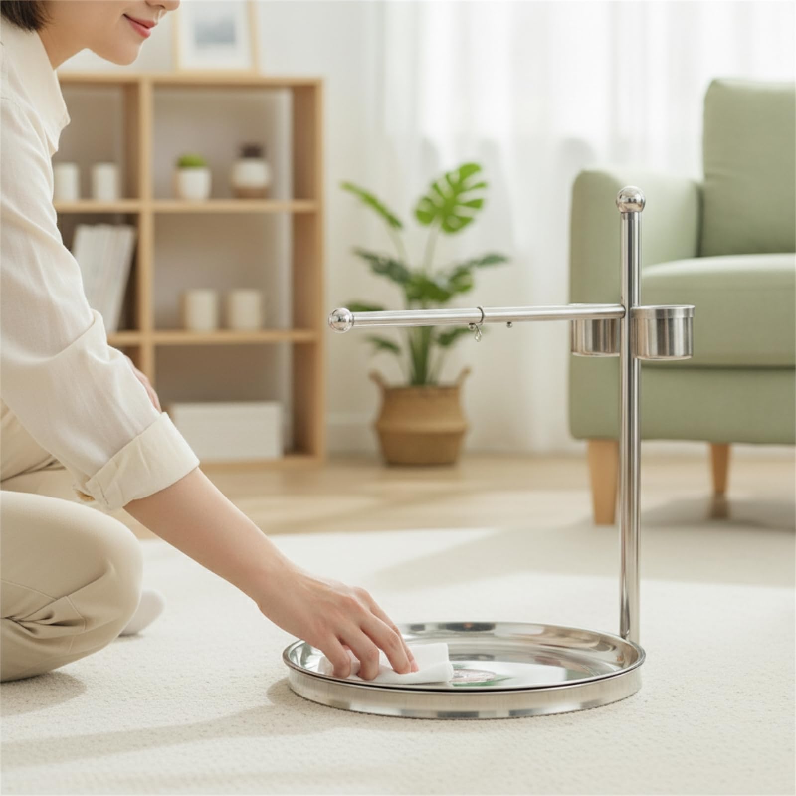Percha Acero Inoxidable con Comeros Resistente Versátil para Aves Jóvenes, Soporte De Pie De Pájaro De Acero Inoxidable Tipo 7 con Bandeja Redonda - Grande
