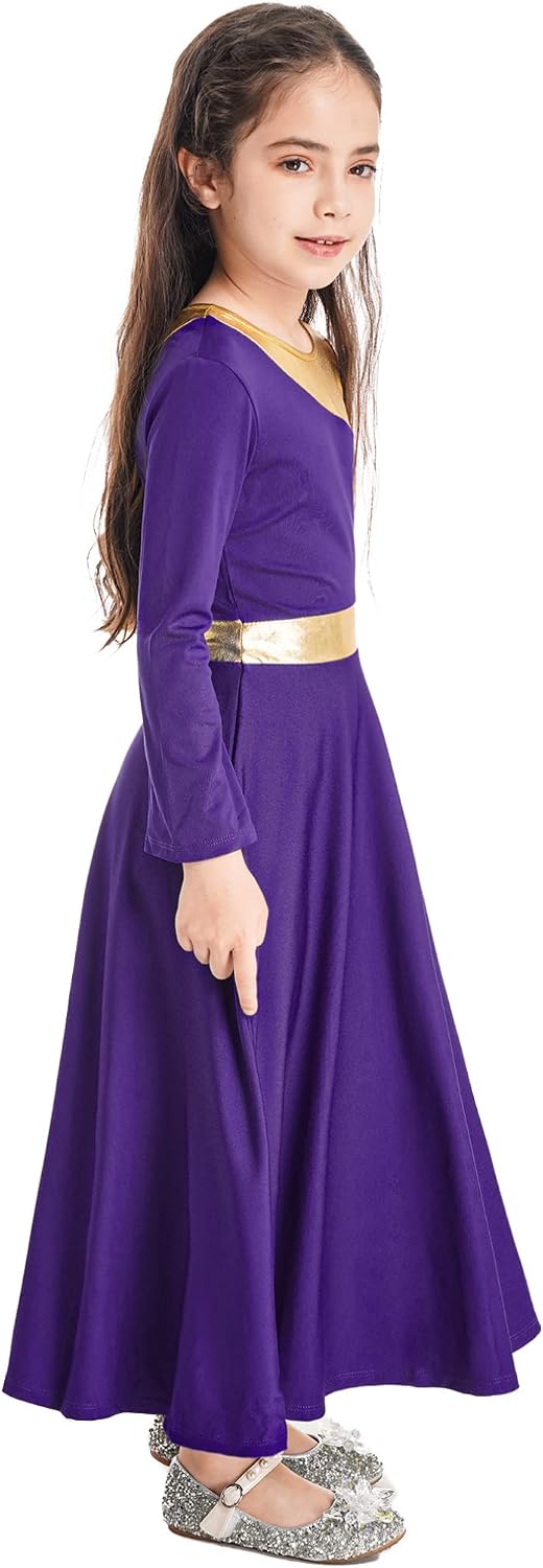 easyforever Girl's Metallic Gold Color Block Praise Dance Dress Dancewear Lyrical Christian Worship Dance Tunic Dress