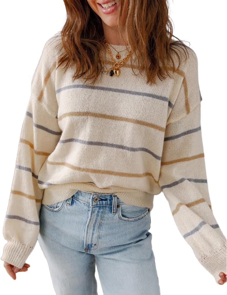 Kinghua Striped Knit Sweater for Women Fall Winter Casual Crewneck Pullover Sweaters Cute Tops