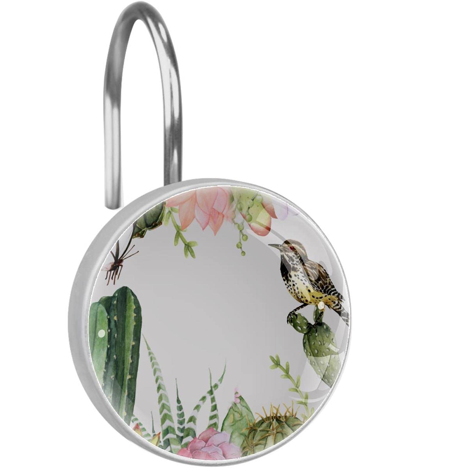 Lilibeely Shower Curtain Hooks Rings Rustproof 12PCS for Hotel Bathroom Shower Rods - Cactus and Succelents Plants Print 1.4"x1.4"