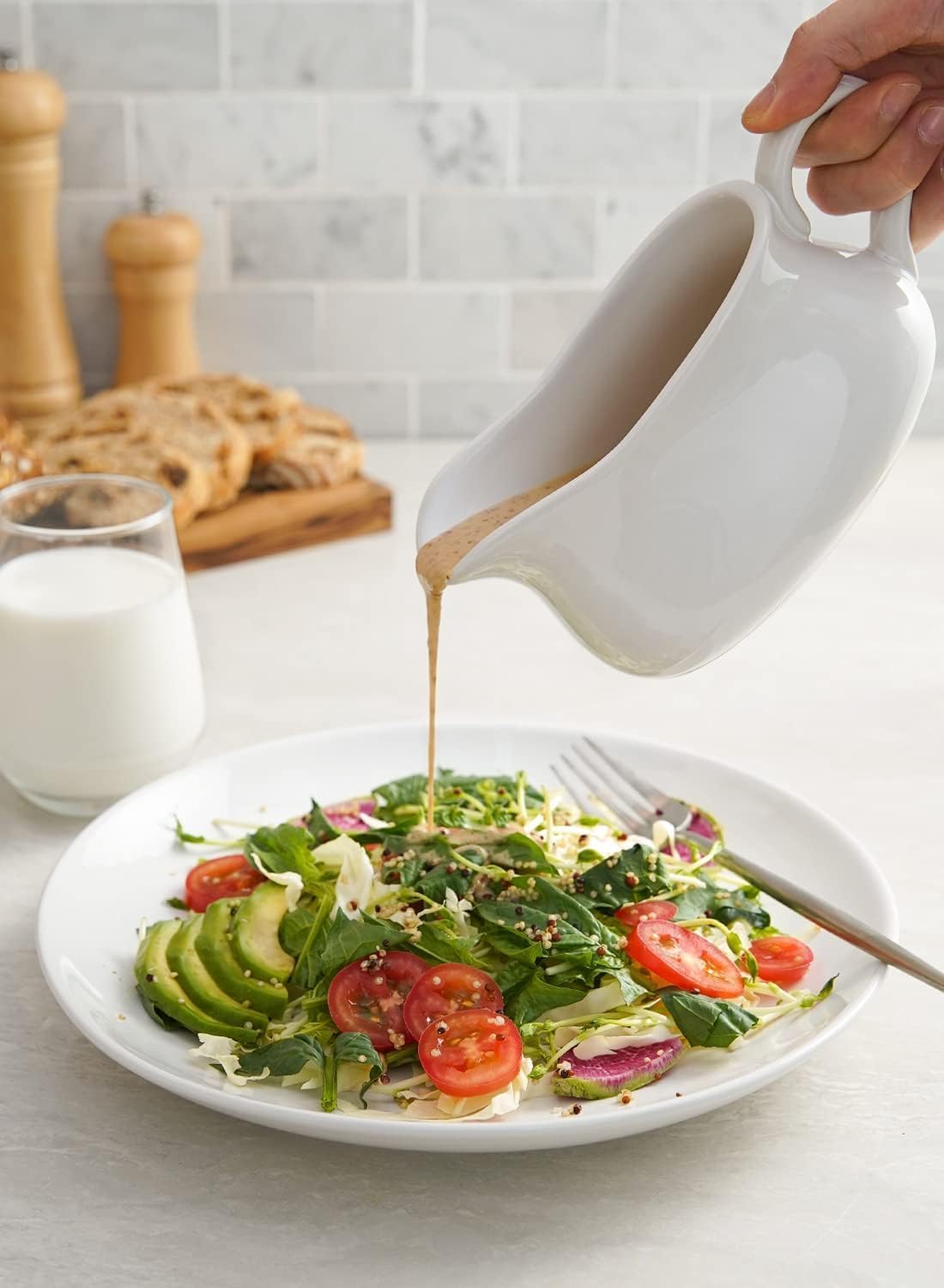 17oz Gravy Boat with Saucer Stand Ceramic Sauce Boat with Tray for Salad Dressings, Creamer, Broth, Black Pepper