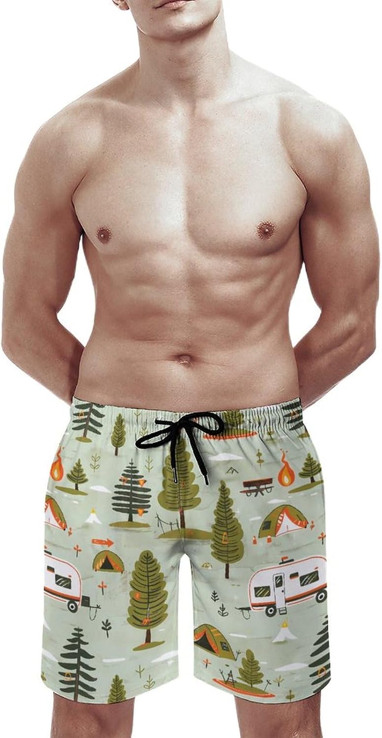 Happy Camping Casual Men's Swim Trunks Novelty Summer Beach Shorts Swimwear with Pocket