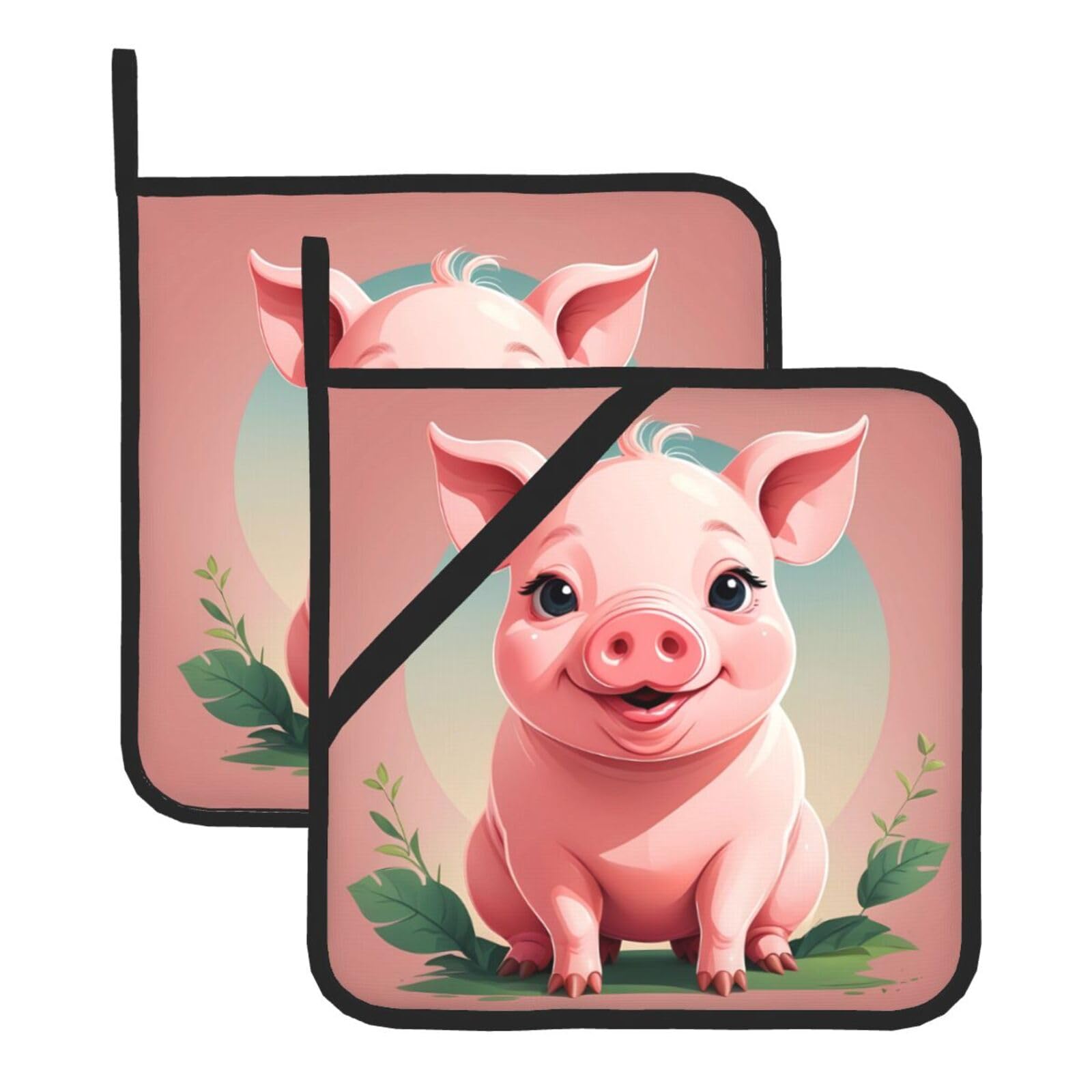 HJFCZH Lovely Pig Printed Square Insulated Pot Mat Set (2-Piece) 8x8in Waterproof, Thickened & Easy to Clean with Lanyard Design for Kitchen, Oven & BBQ